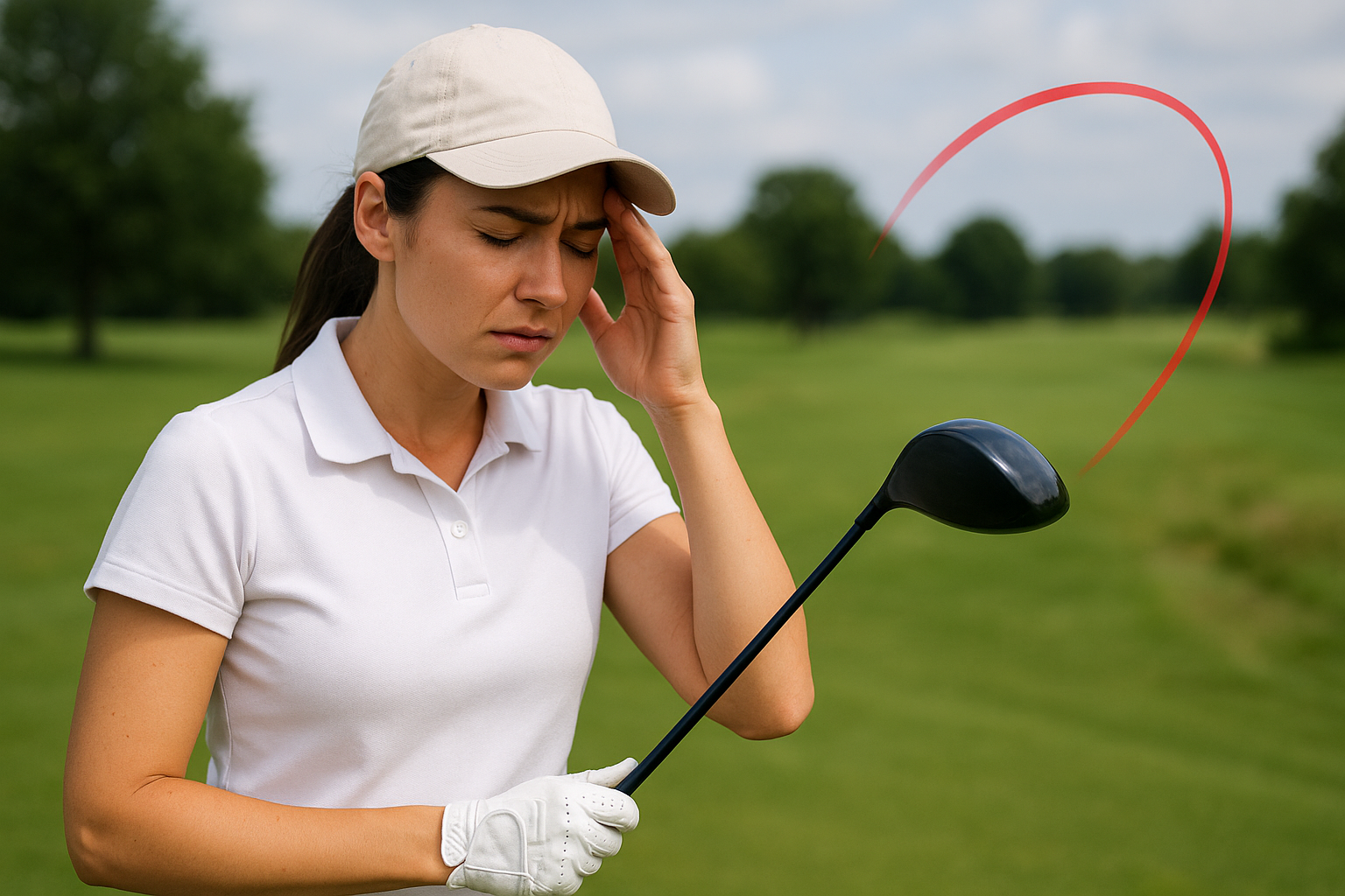 여자골퍼가 드라이버 슬라이스로 고민