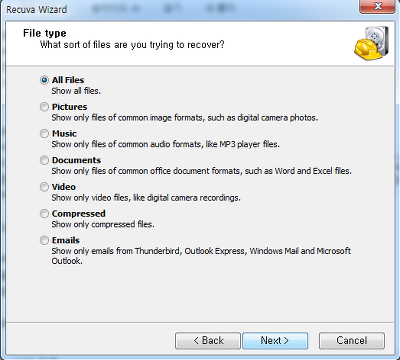 복구할 파일 형식 선택 (사진, 음악, 문서 등)