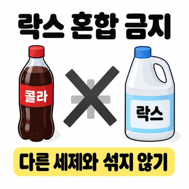 콜라 병과 락스 용기 사이의 더하기 기호에 큰 X 표시를 넣어 락스와 다른 세제를 섞지 말라고 안내한 이미지