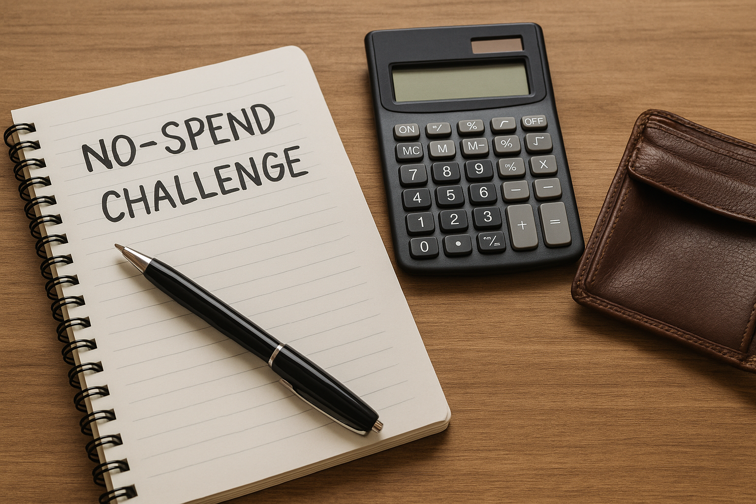 지출을 멈추고 소비를 점검하는 &lsquo;무지출 챌린지&rsquo;를 상징하는 노트, 계산기, 빈 지갑 사진