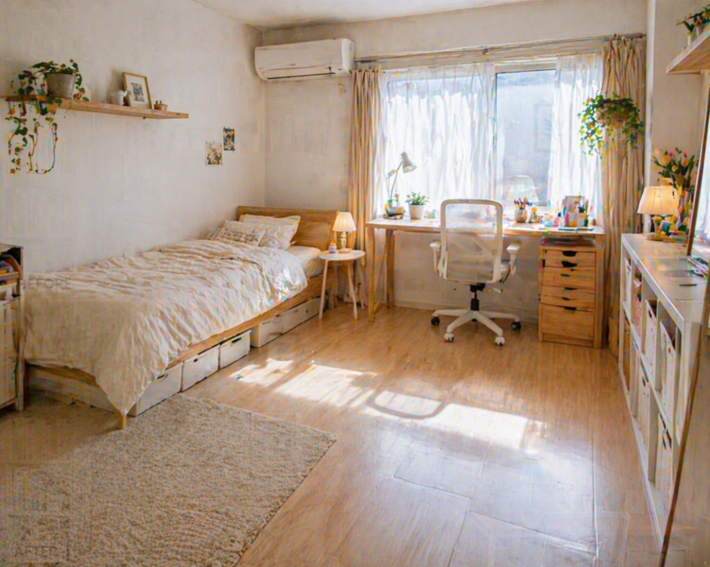 자취방 바닥을 비워 더 넓고 깔끔해 보이게 만든 원룸 모습