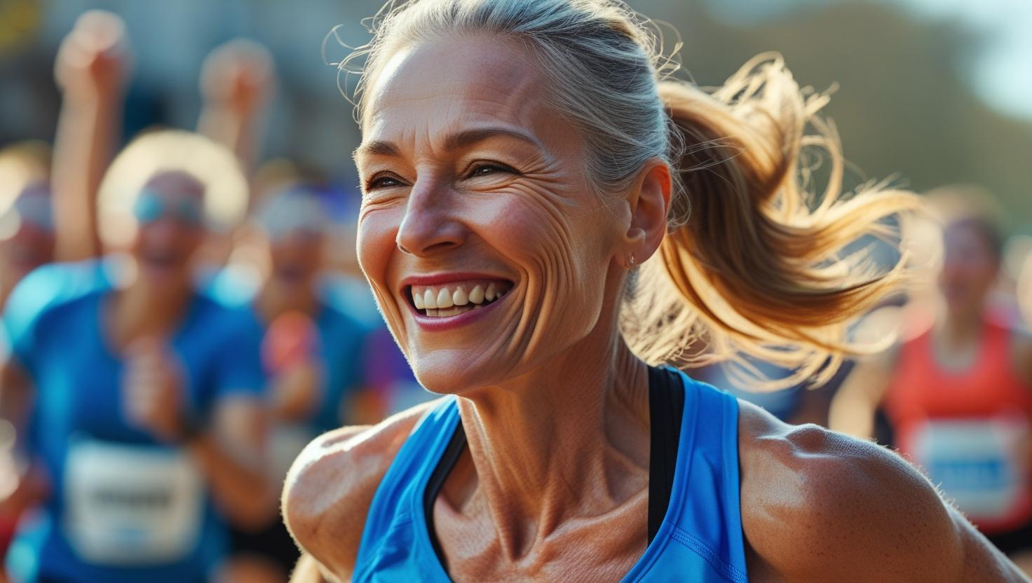밝게 웃으며 마라톤을 즐기는 중년 여성 – Smiling middle-aged woman running in a joyful marathon moment