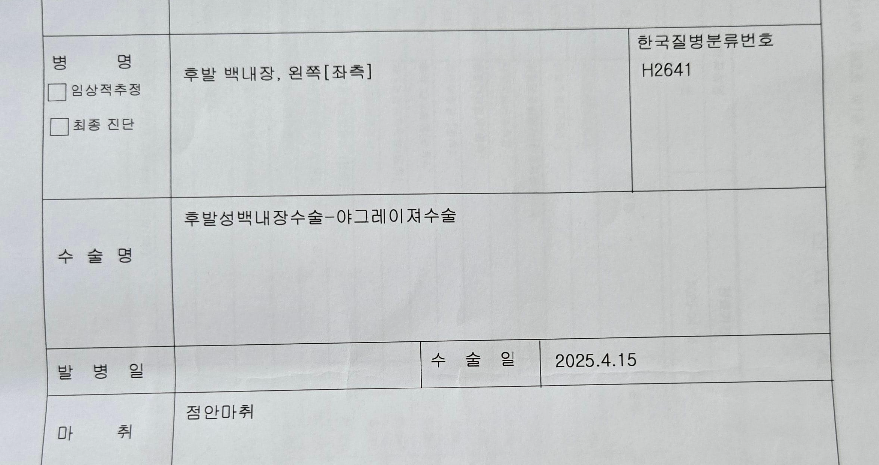 후발성 백내장 '생명보험 수술비' 받은 후기