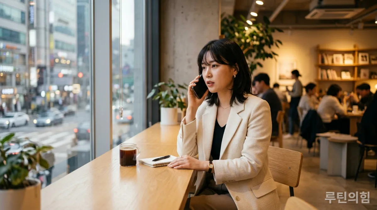 강남 카페에서 스마트폰으로 ChatGPT 음성 모드를 이용해 영어 회화를 연습하는 한국인 직장인