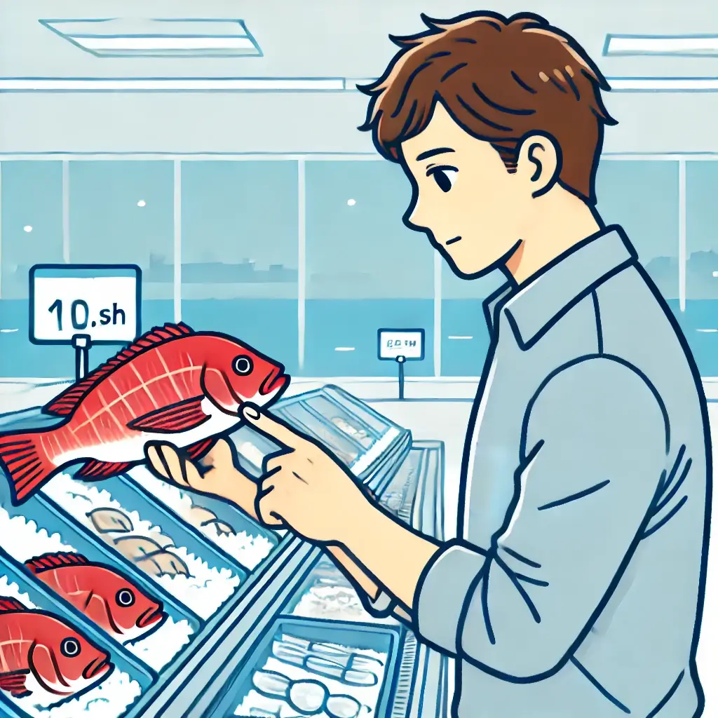 마트에서 신선한 참돔을 고르고 있는 남성의 모습