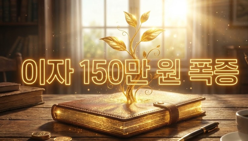 통장에서 자라나는 황금 새싹과 이자 150만 원 폭증이라는 텍스트가 적힌 청년도약계좌