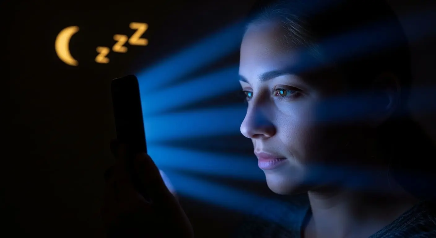 어두운 방에서 스마트폰 블루라이트에 집중하여 잠 못 이루는 사람의 모습, 디지털 기기 과사용과 수면 방해.