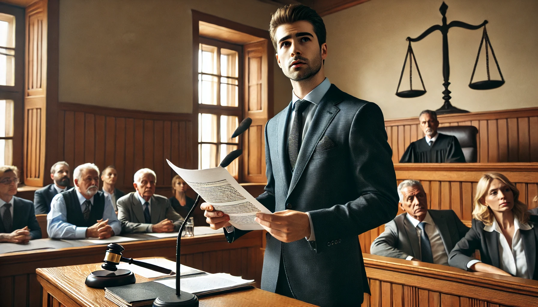 농지 상속 관련 법률 분쟁으로 법정에서 변론하는 변호사의 모습