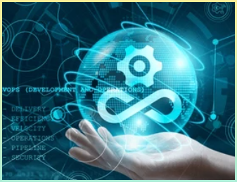 DevOps를 개발과 운영으로 나누어 아이콘으로 표시하고, 손으로 나타낸 이미지