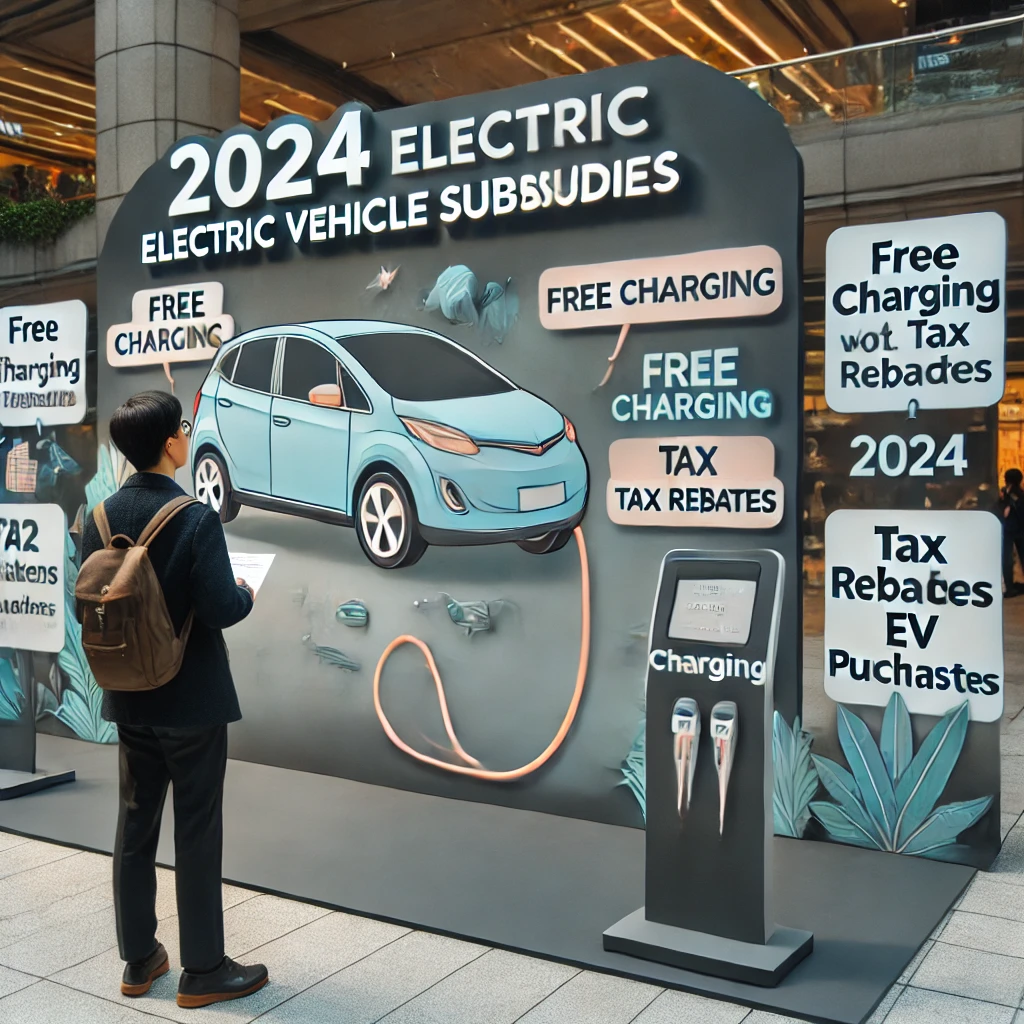 공공 장소에 설치된 2024년 전기차 보조금 관련 정보 부스. 포스터에는 무료 충전, 세금 환급, 전기차 구매 할인 같은 보조금 혜택이 설명되어 있다.