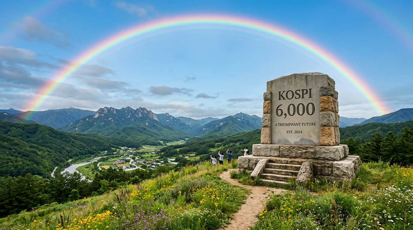 폭풍우가 지나간 뒤 맑게 갠 하늘 아래 솟아 있는 KOSPI 6,000 비석과 그 위로 떠오르는 무지개 이미지