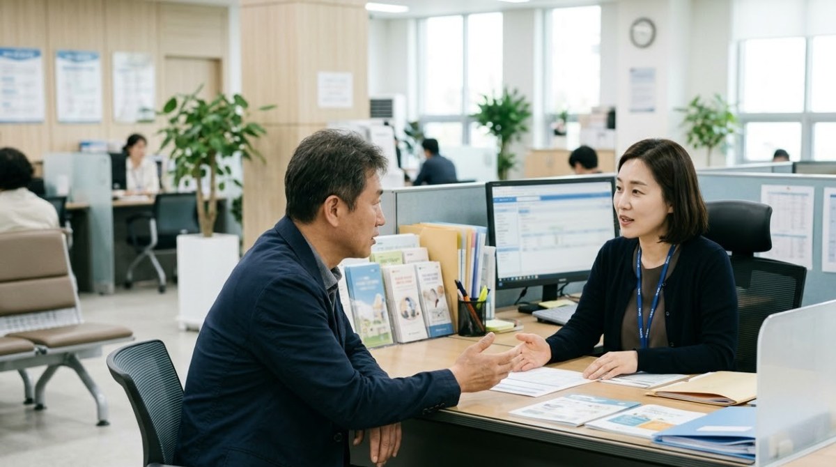 고용센터 상담 창구에서 이야기하는 모습