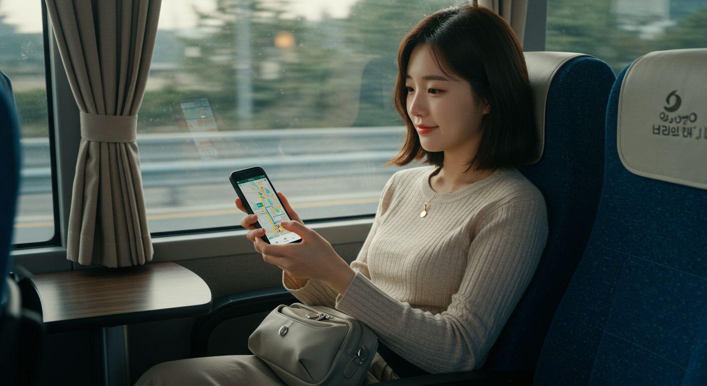 속초행 고속버스 안에서 카카오맵을 보는 한국 여성