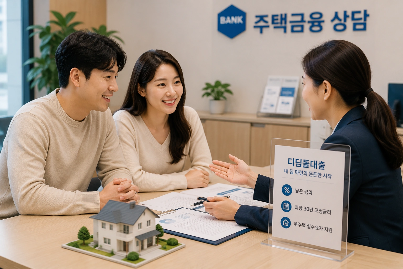신혼부부가 은행 상담사와 디딤돌대출 조건과 내 집 마련 계획을 상담하는 모습