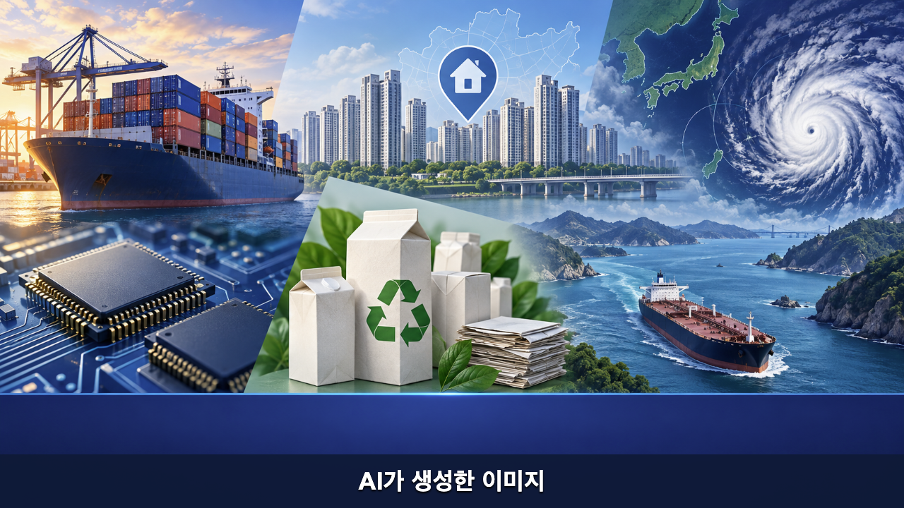 수출, 공공주택, 종이팩 재활용, 호르무즈 해상 물류, 일본 태풍을 함께 표현한 점심 뉴스 개념 일러스트
