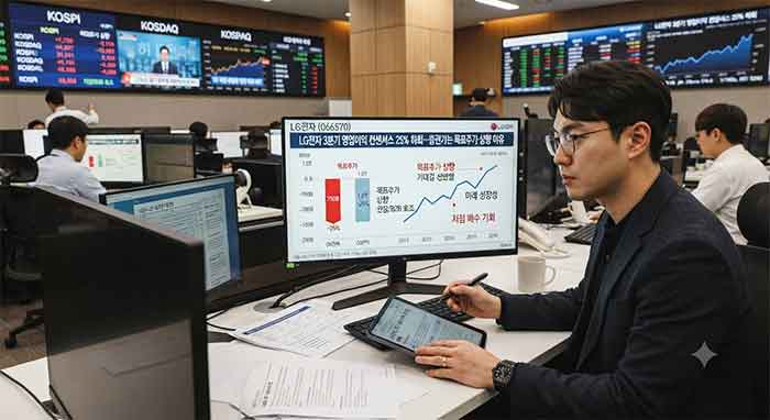 LG전자 영업이익 컨센서스 하회와 증권가의 분석을 모니터링하는 증권사 사무실의 모습.