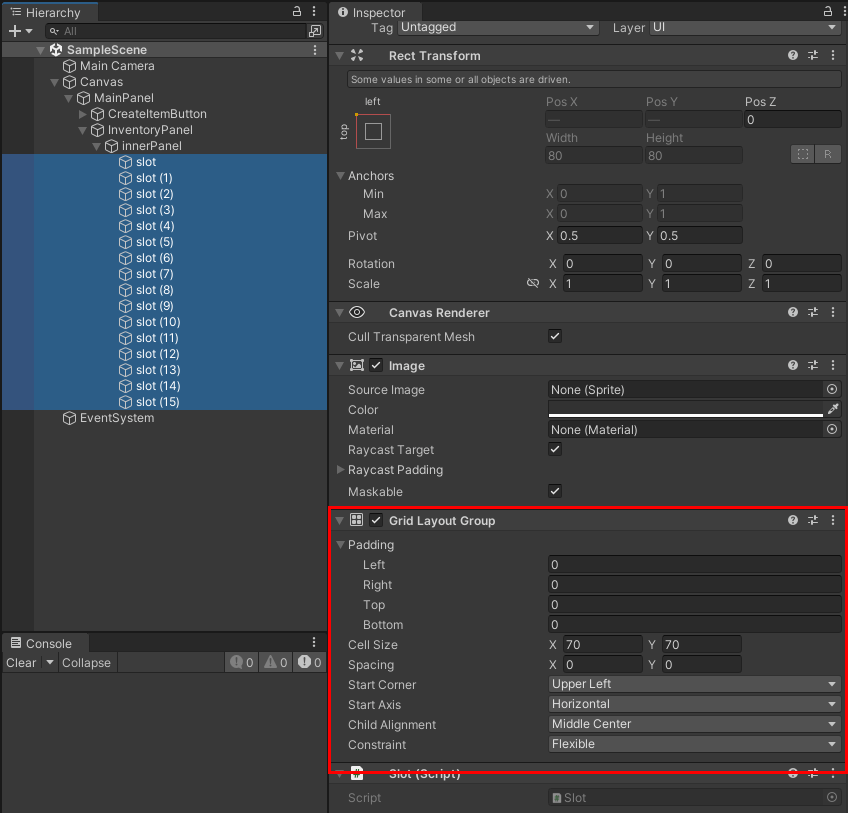 슬롯에 Grid Layout Group추가 이미지