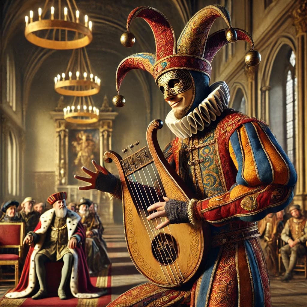 중세 유럽 왕과 귀족앞에서 공연하고 있는 궁정 광대(Jester)의 모습