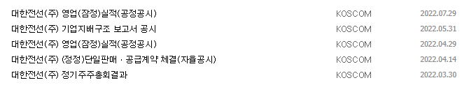 대한전선 공시 목록