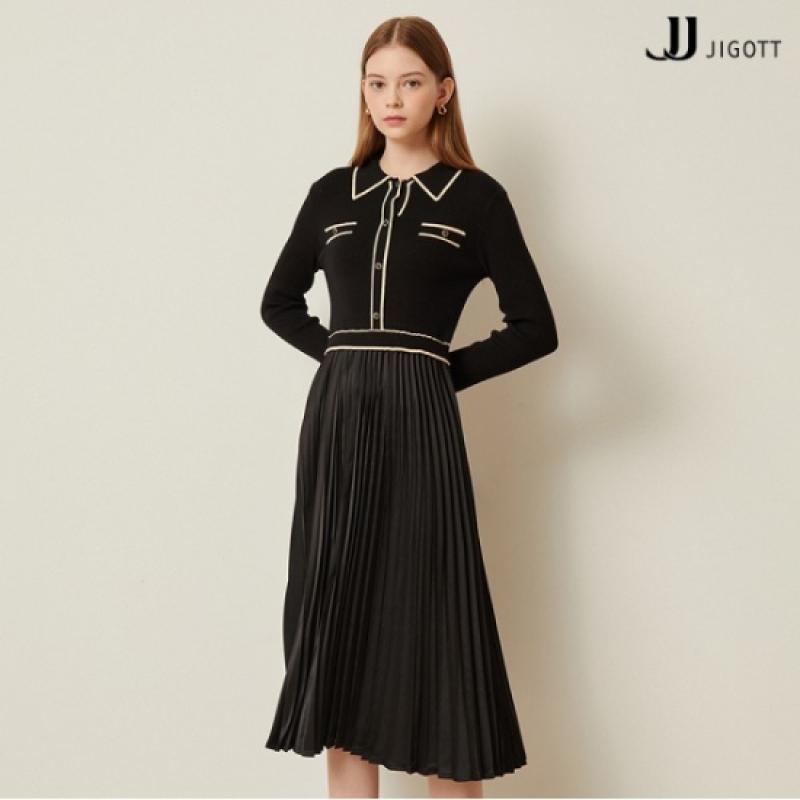 JJ지고트 플리츠 배색 니트 원피스 GMBP0OP24