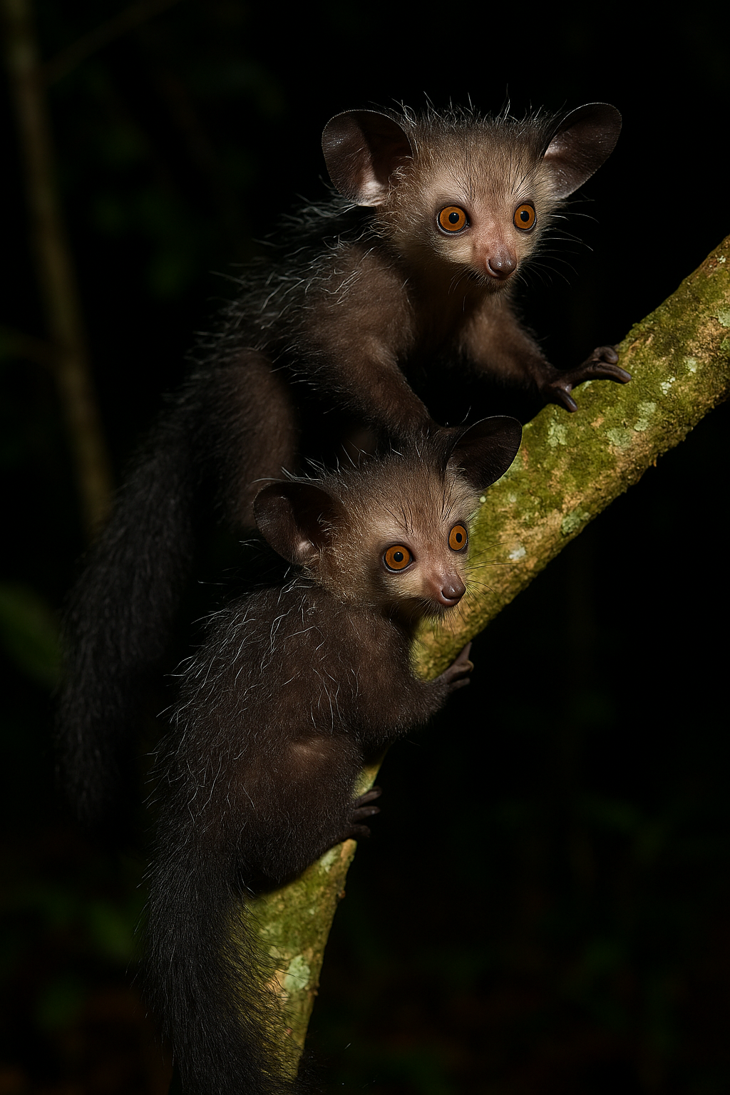 두 마리 아이아이가 서로 의지하며 나무를 타는 모습