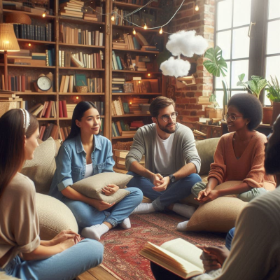 여러 명이 책을 읽으며 토론하는 모습, 구름과 별이 배경을 이루는 편안한 분위기.