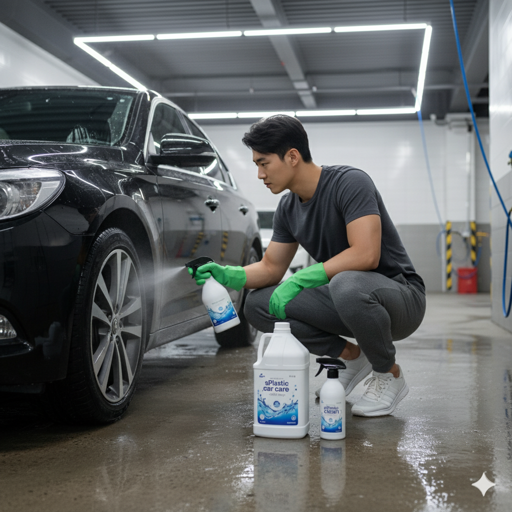 실내 세차장에서 남성이 sp500 스프레이 용기를 이용해 자동차 도장면을 디테일링하는 모습. 전문가의 신뢰를 받는 세제 용기 제조업체