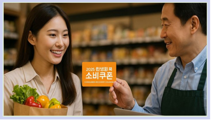 "마트에서 2025 민생회복 소비쿠폰을 사용하는 여성, 소상공인 점주와 웃으며 카드 제시 중"