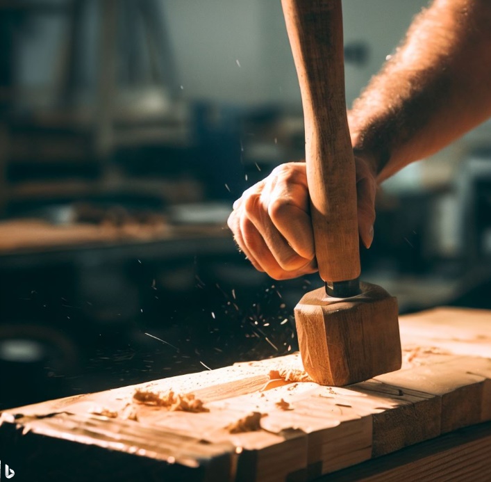 나무망치로 나무 작업대를 두드리는 모습