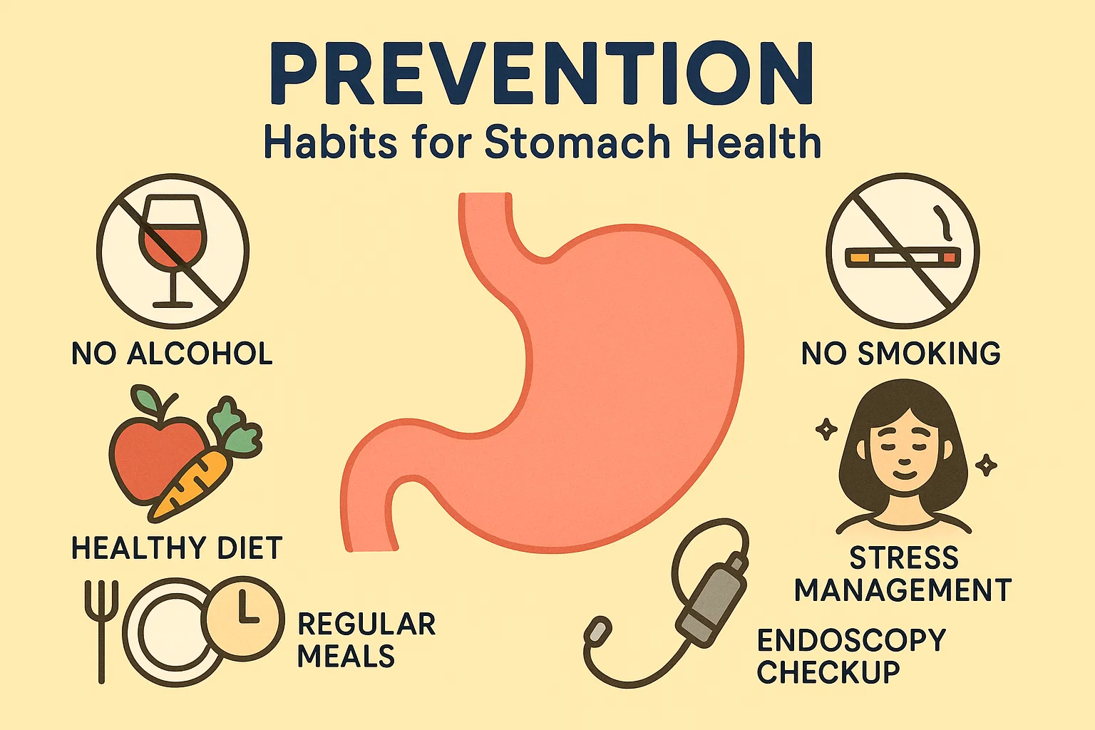 건강한 식습관, 금주, 내시경 검사 등 위염 예방 생활습관을 보여주는 이미지
