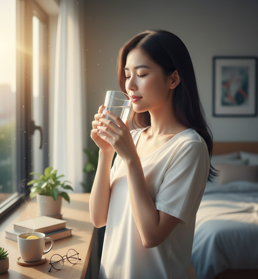 아침 햇살을 맞으며 물을 마시는 건강한 사람 이미지