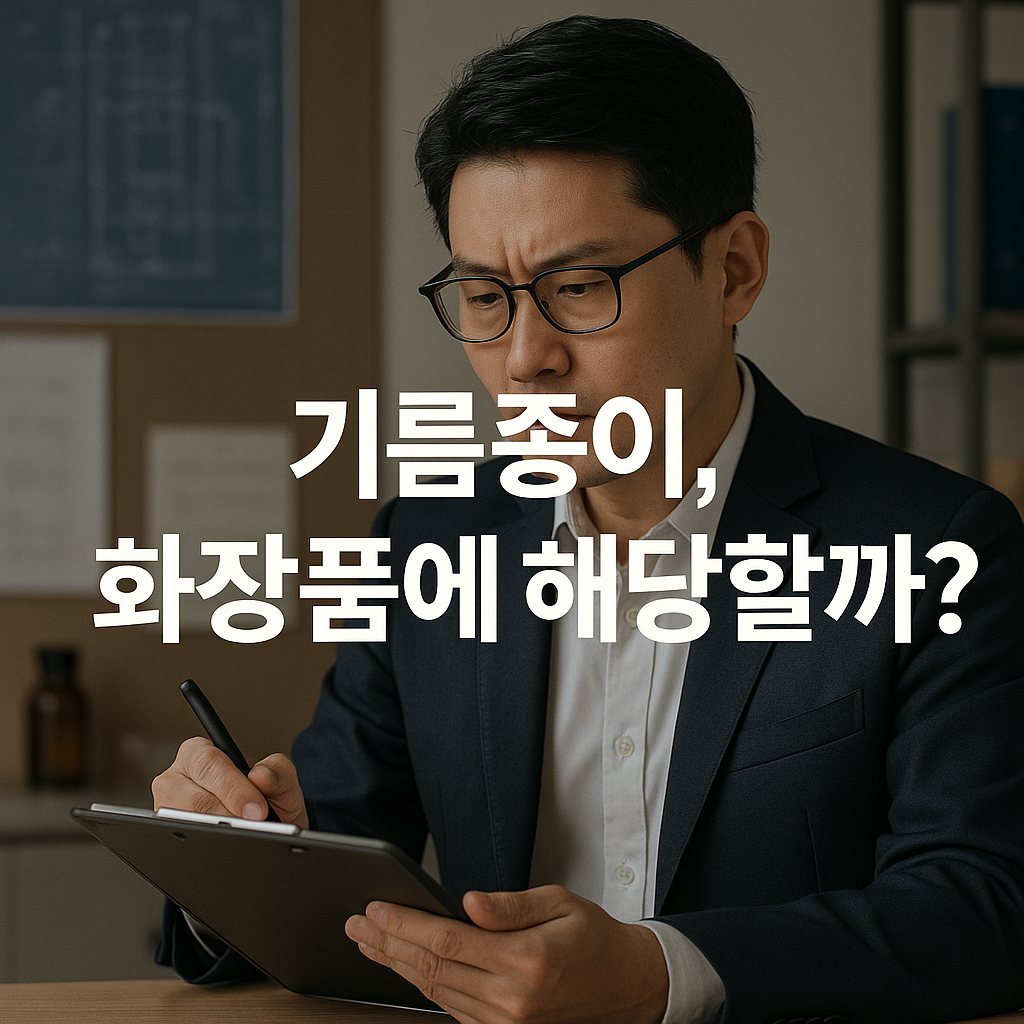 한국인 전문 컨설턴트가 문서를 검토하며 기름종이가 화장품에 해당하는지 법적 분류를 점검하는 장면. 책상 위 자료와 흐릿한 배경이 규제 검토 환경을 보여주는 고해상도 이미지