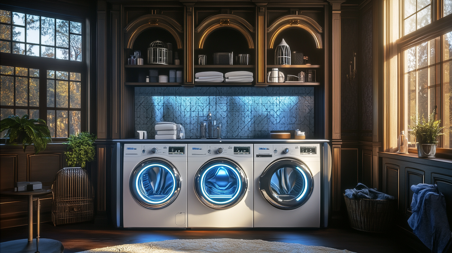 혁신적인 기술이 화려하게 조화된 미래적 세탁 공간. 빅토리아 스타일의 집 안에 세련된 빈티지 장식이 더해진 모습.
