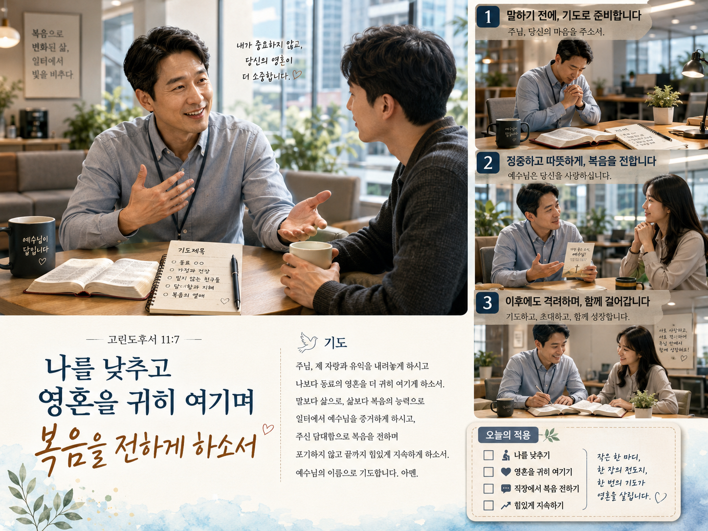 고후 11:7 말씀에서 복음을 전하기 위해 내 자신을 덜 중요하게 여기고, 영혼을 귀하게 여기는 것에 대해 확신을 가지는 것이 매우 중요하며, 이러한 확신에 기반하여 살아가야 할 것이 생각되었고, 오늘도 이러한 확신을 가지고 영혼을 귀히 여기며 직장에서 영혼에게 복음 전하는 시도를 힘있게 지속하는 모습입니다.