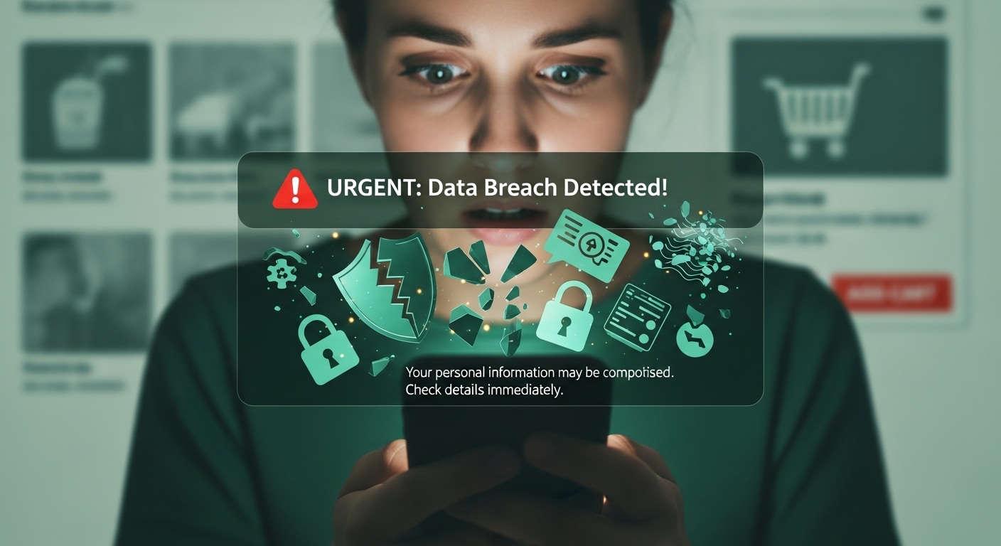 스마트폰으로 개인정보 유출 알림을 확인하며 불안해하는 사람의 모습입니다. 유출 여부 확인의 시급성을 강조합니다.