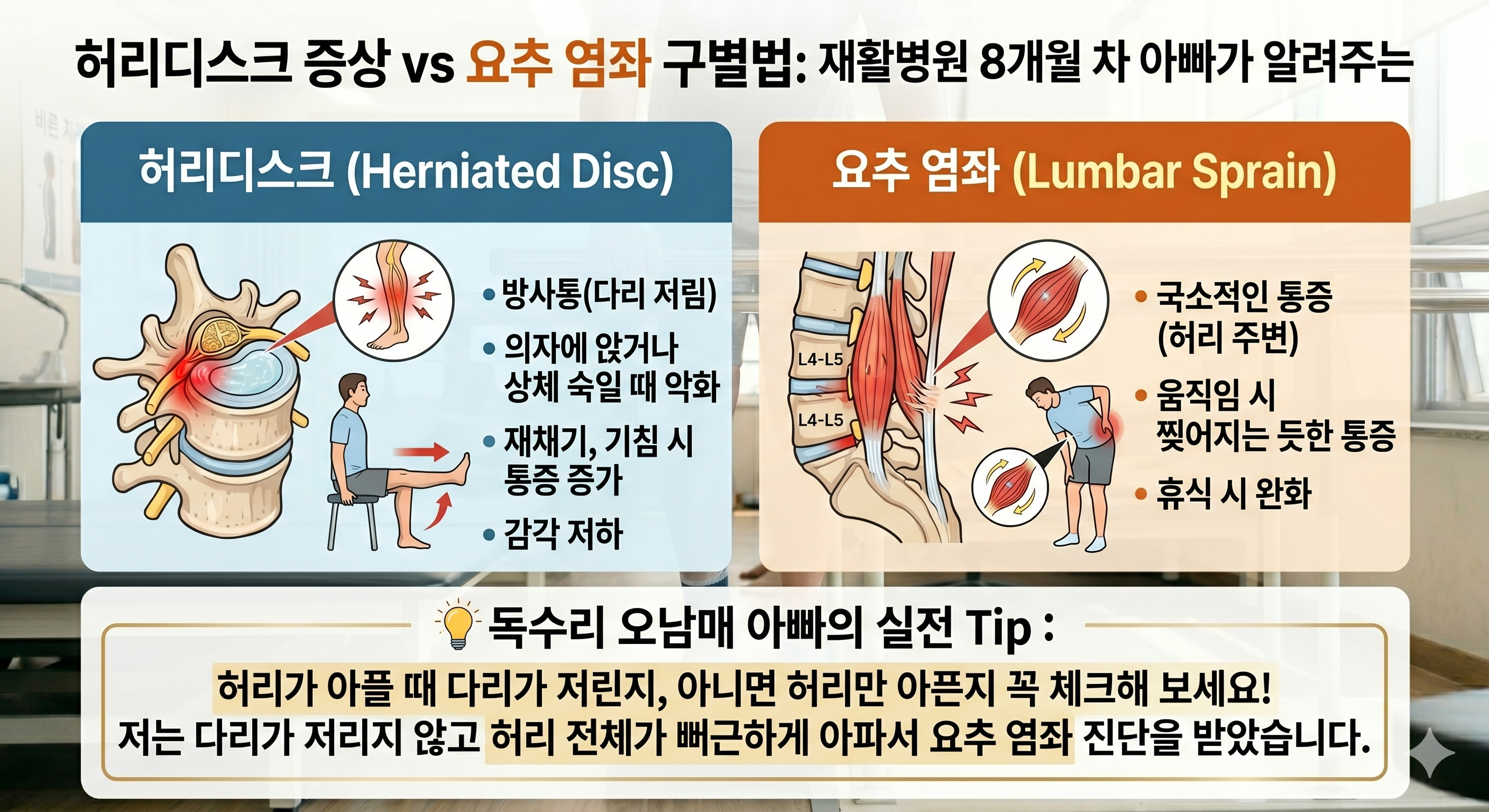 내가 겪은 통증의 정체는? 허리디스크 증상 vs 요추 염좌 구별법