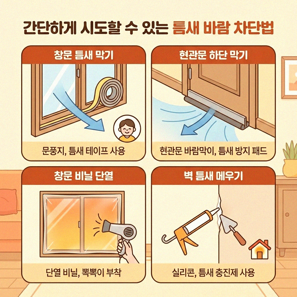 현관문 틈새 바람 더 이상 참지 마세요 간단한 차단 아이디어