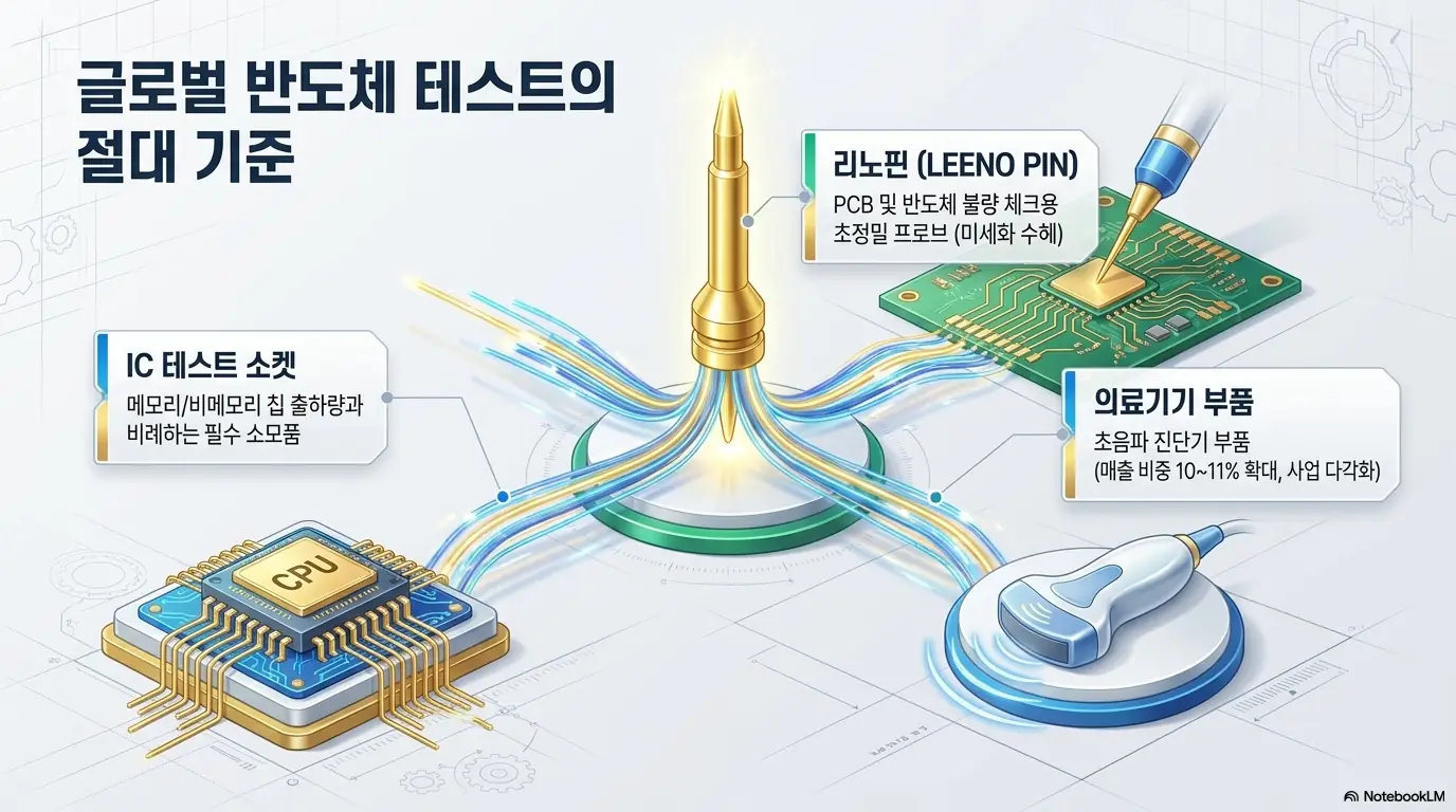 리노공업 주가 전망: 리노공업의 세 가지 핵심 사업을 정리한 인포그래픽. 메모리·비메모리 칩 출하량에 비례하는 IC 테스트 소켓, 인쇄회로기판 불량을 체크하는 초정밀 프로브 리노핀, 매출 비중 10~11%로 확대되는 초음파 진단기 부품을 보여주며, 블로그의 리노공업 주가 전망 주제와 관련된 사업 구조를 설명함