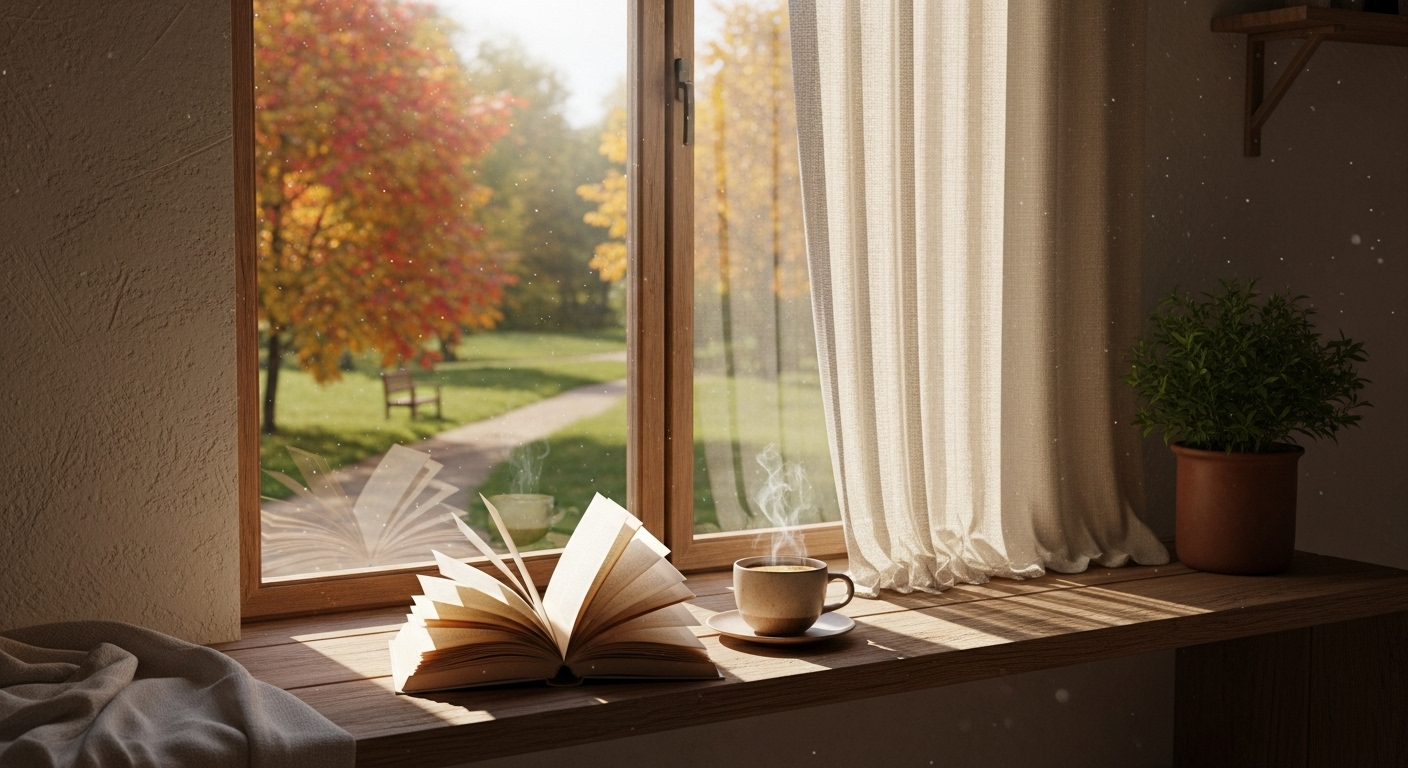 책과 커피가 있는 창가 풍경