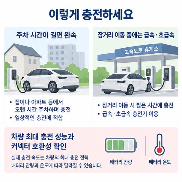 주차 시간과 장거리 이동 여부, 차량 최대 충전 성능에 따라 완속과 급속을 선택하는 방법을 보여주는 이미지