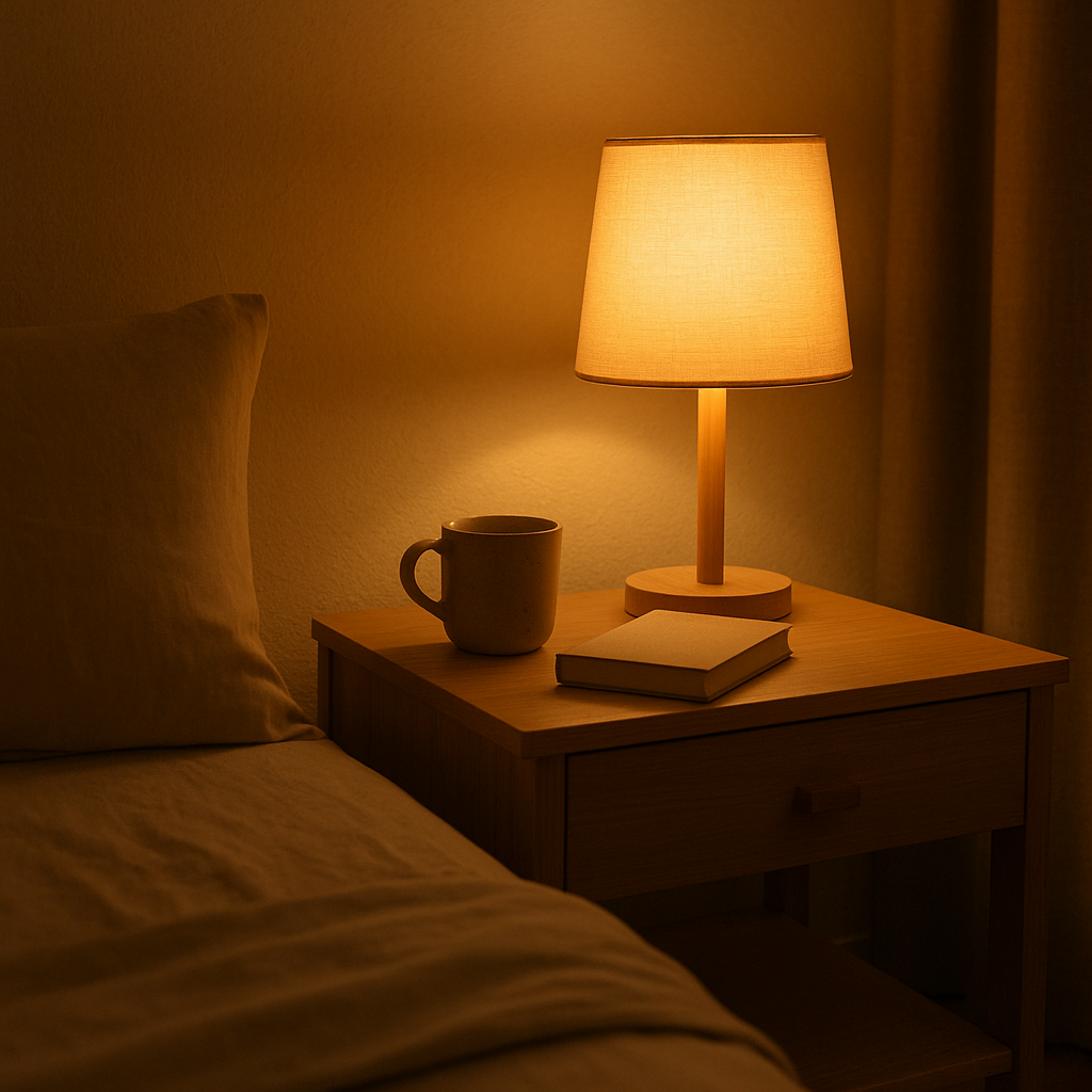 따뜻한 조명이 켜진 침실 테이블 위의 책과 컵