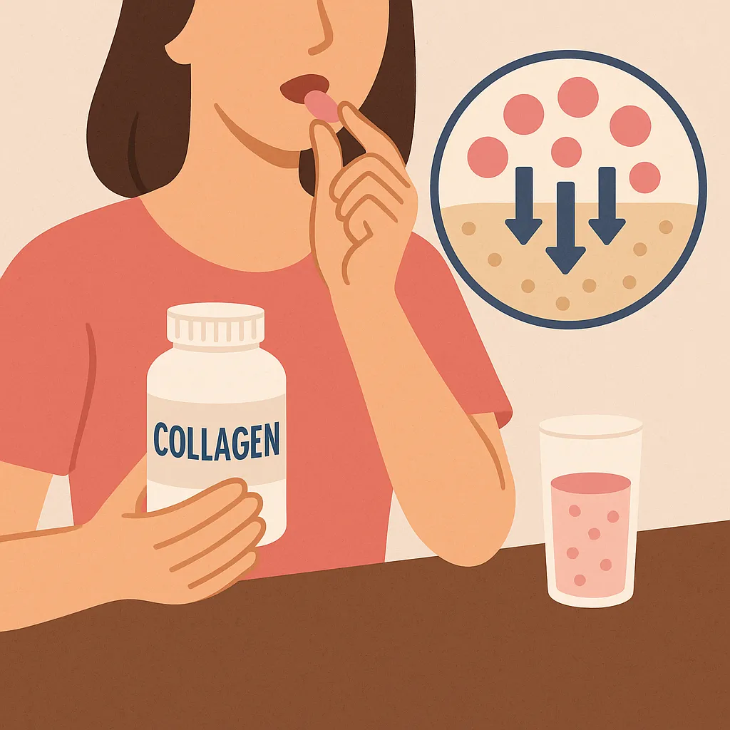 콜라겐-보충제의-실제-흡수율을-상징적으로-표현한-일러스트-이미지로-콜라겐-알약과-소화기관을-통한-흡수를-묘사