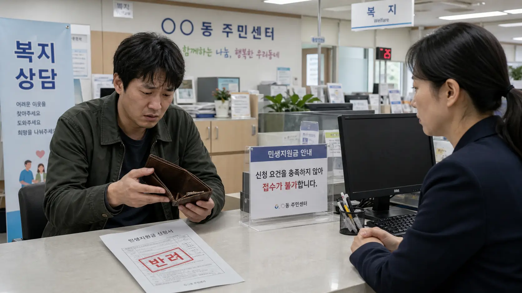 한국의 주민센터 복지 창구에서 민생지원금 서류를 반려받고 심각한 표정으로 낡은 지갑을 들여다보는 30대 남성과 굳은 표정의 공무원 모습