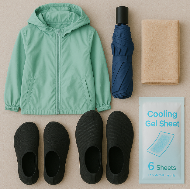 초경량 우비, 접이식 우산, 워터슈즈, 작은 수건, 냉감 패치 사진