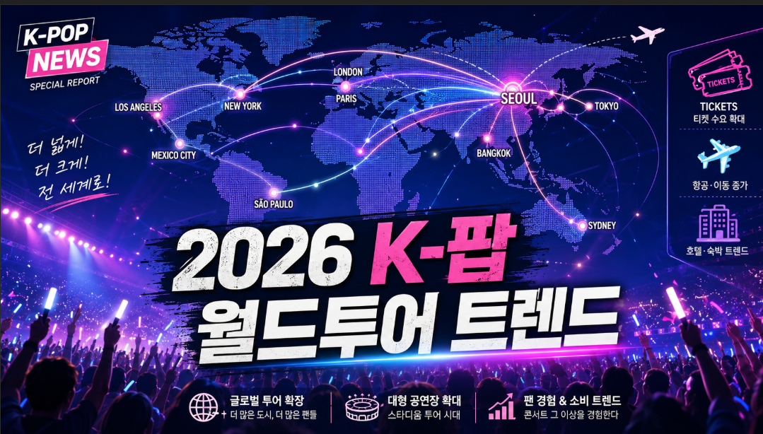 2026년 K-팝 월드투어 트렌드와 콘서트 티켓 팬덤 경제 해외 공연 흐름을 보여주는 이미지