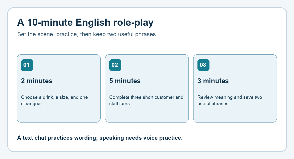 A 10-minute cafe role-play moves from a two-minute goal to five minutes of dialogue and three minutes of phrase review.