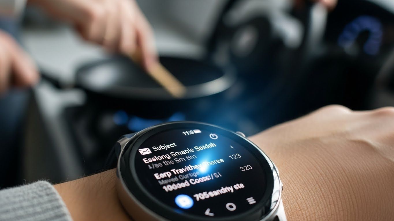 삼성 갤럭시 워치 8을 착용한 사람의 손, 시계 화면에 이메일 요약과 작은 마이크 아이콘이 표시되어 음성 입력을 나타냅니다.