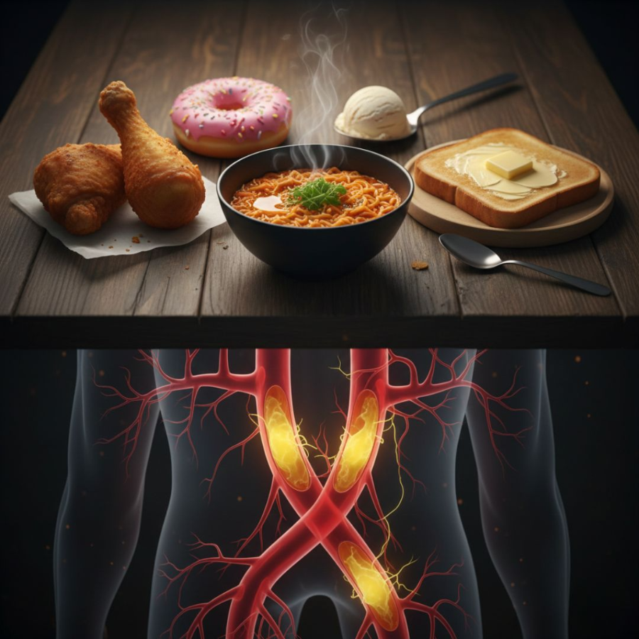 alt="평범해 보이는 식탁 위에 놓인 음식들이지만, 그 아래에는 좁아지고 막혀가는 혈관이 비쳐 보이는 이미지로 잠재적인 위험을 암시합니다"