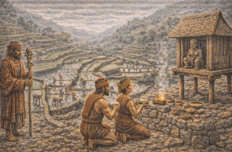 필리핀 이푸가오 족의 계단식 논 전경 속에서 조상 제사를 올리는 장면을 표현한 모습