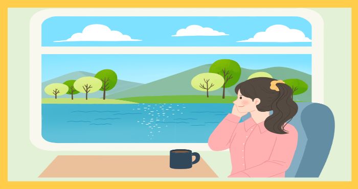 기차나 카페에서 창밖 풍경을 바라보며 여유를 즐기는 여성의 모습으로&amp;#44; 연휴나 휴일의 한적한 힐링 여행을 표현한 일러스트.